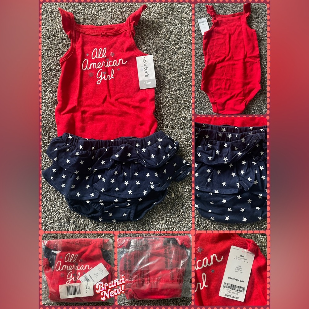 Brand New! Carter's All American Girl Red and Blue Diaper Cover Set, 18mos